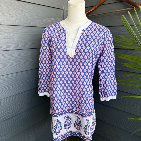 J.Crew Tops - J.Crew Cotton Printed Tunic Top Blue Pink Paisley Boho 3/4 Sleeve Medium